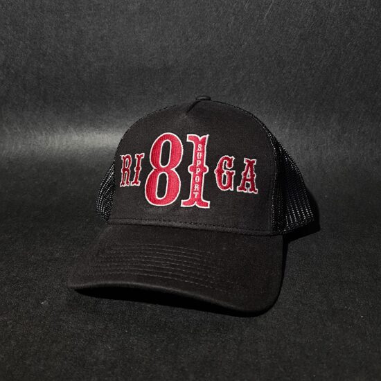 RED ON BLACK CURVED VISOR BASEBALL CAP WITH MESH SUPPORT 81  RIGA 